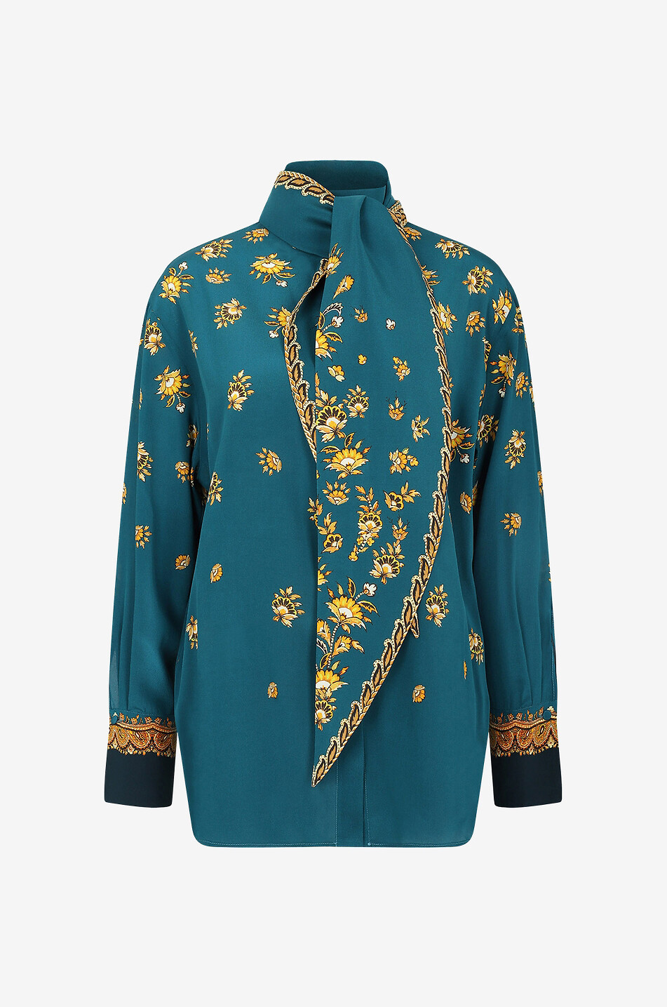 Festive Leafy Paisley printed silk blouse with necktie