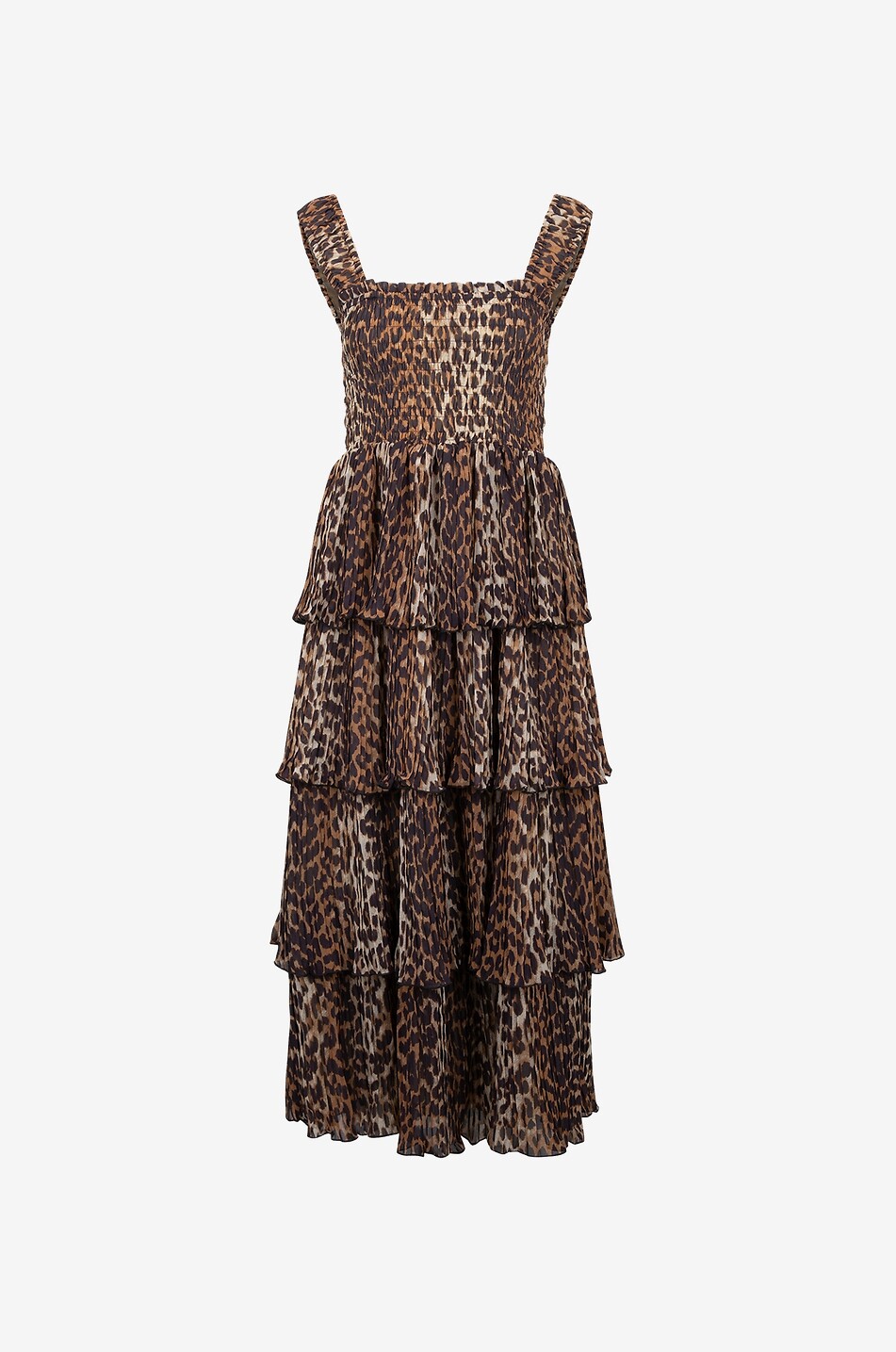Midi-Trägerkleid aus plissierter Georgette Leopard