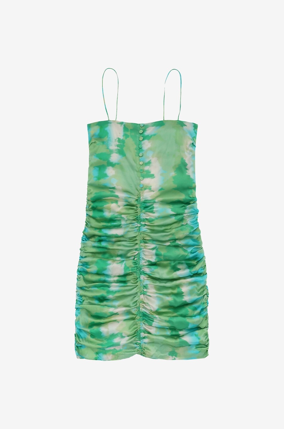 Kurzes gerafftes Trägerkleid aus Tie-and-Dye-Satin