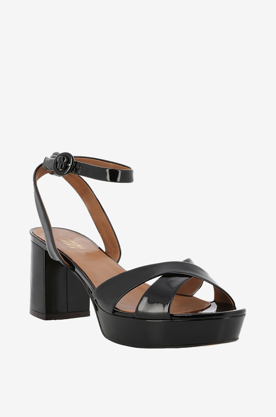 Sandalen aus Lackleder mit Blockabsatz und Plateau