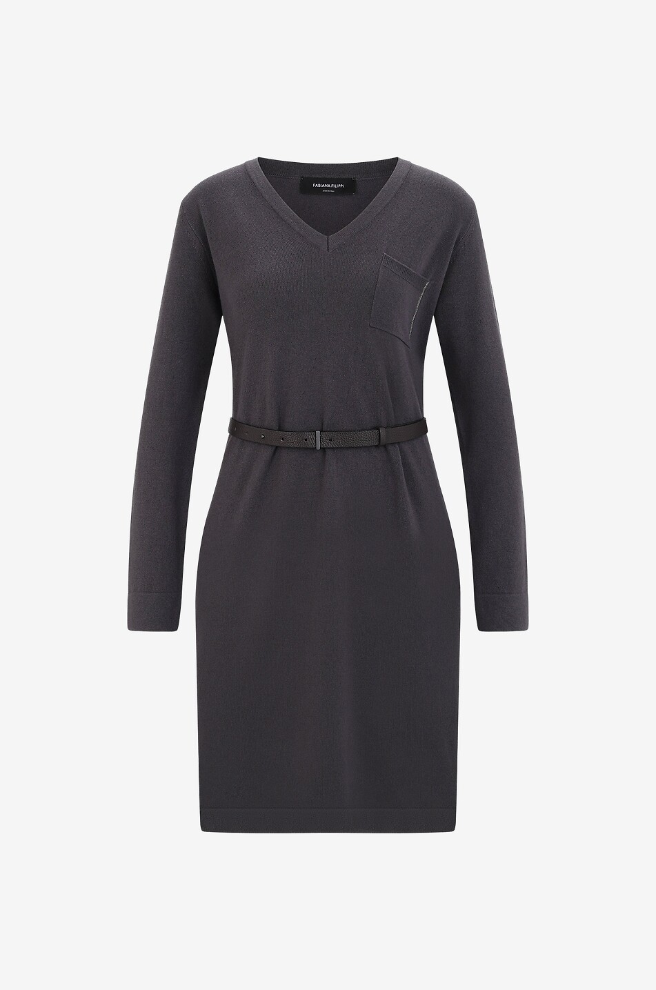 Kurzes Strickkleid mit V-Ausschnitt und Tasche sowie Gürtel