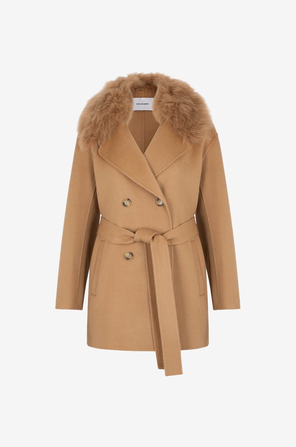 Double-breasted short coat with shearling collar