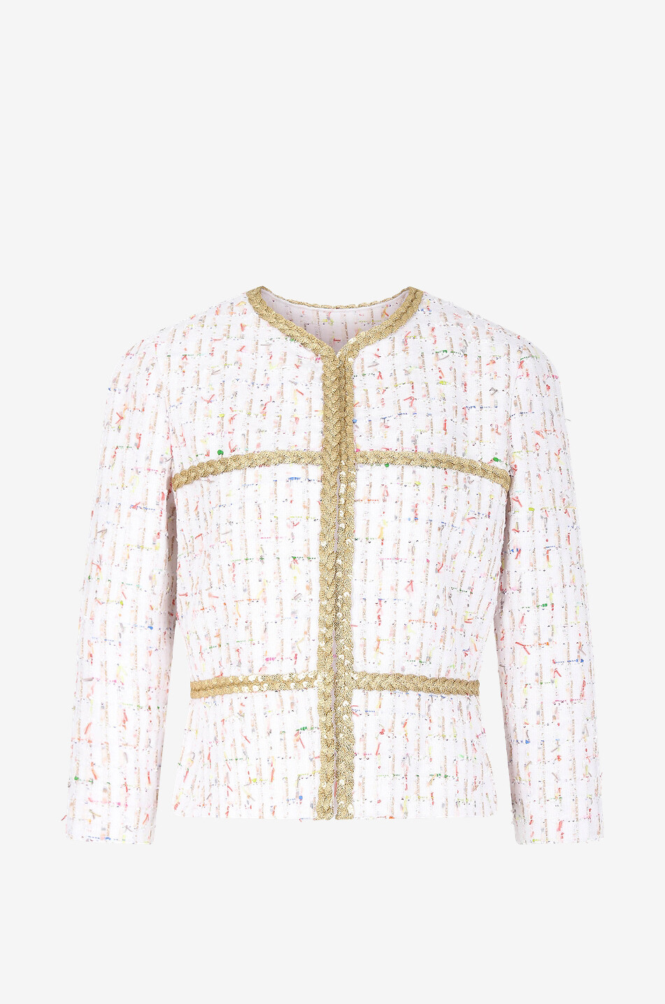 Sequin braid adorned tweed suit jacket