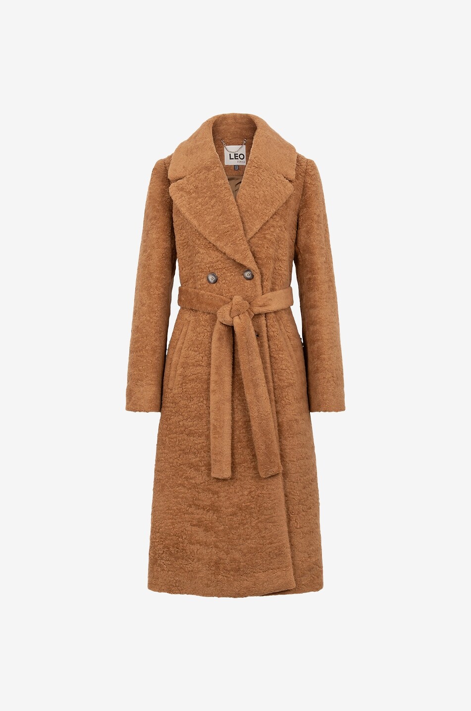 LEO ZURICH Zweireihiger Mantel in Shearling-Optik mit Gürtel Damen KAMELFARBEN 1