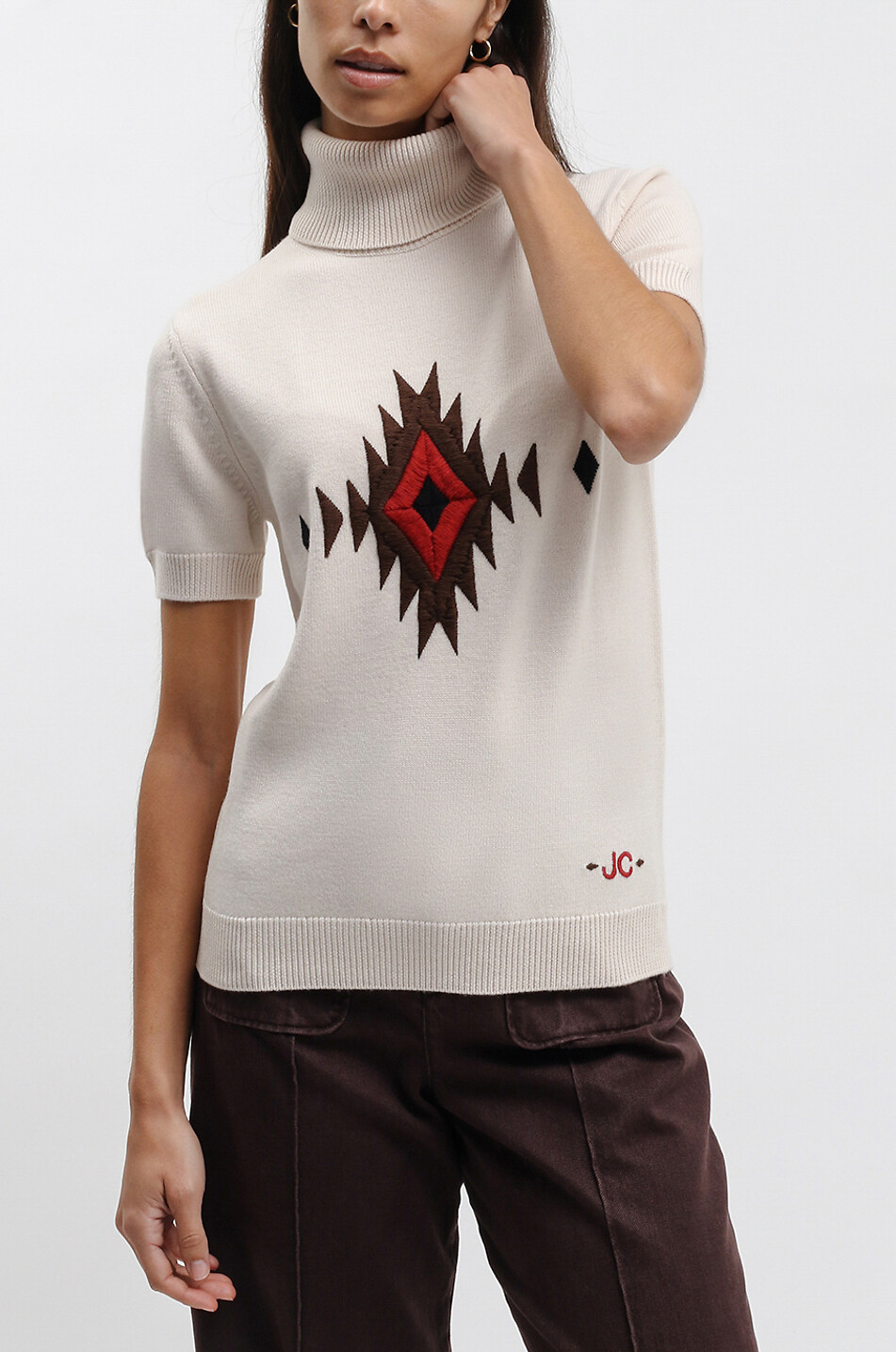 JACOB COHEN Kurzarm-Rollkragenpullover mit Ikat-Stickerei Damen Hellbeige 3
