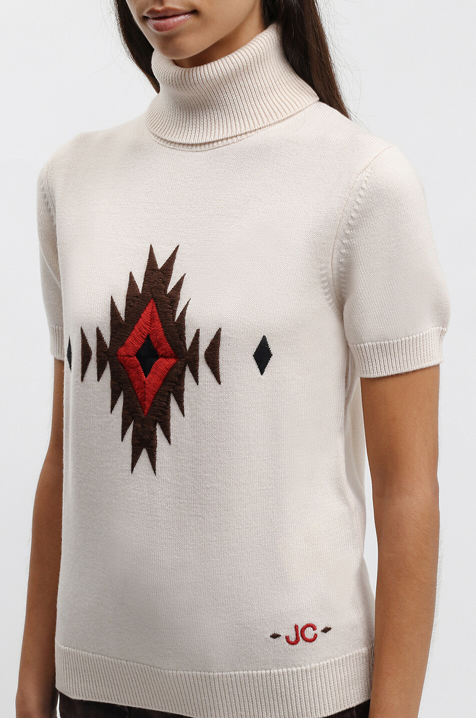 JACOB COHEN Kurzarm-Rollkragenpullover mit Ikat-Stickerei Damen Hellbeige 5