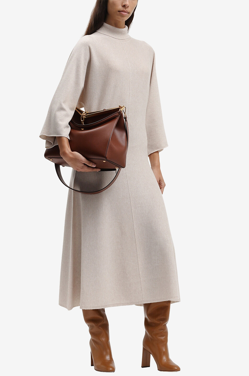FABIANA FILIPPI Ausgestelltes Feinstrick-Midikleid mit Fledermausärmeln Damen Hellbeige 6