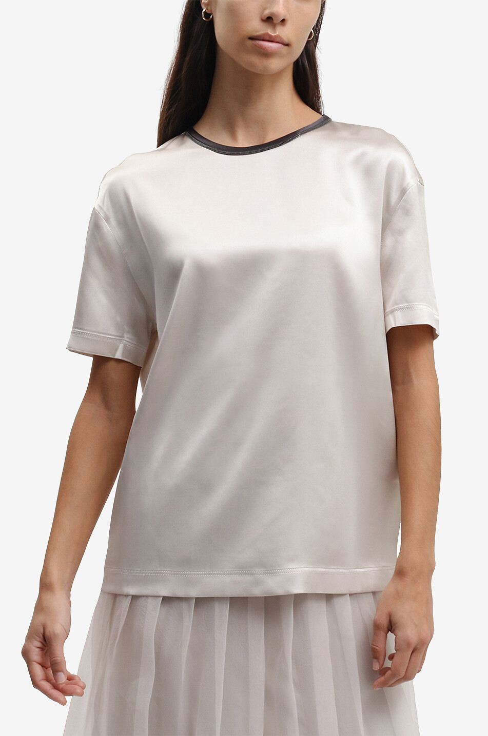 BRUNELLO CUCINELLI Shiny round-neck satin T-shirt Women Light beige 3