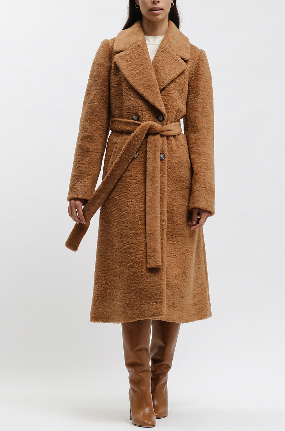 LEO ZURICH Zweireihiger Mantel in Shearling-Optik mit Gürtel Damen KAMELFARBEN 3