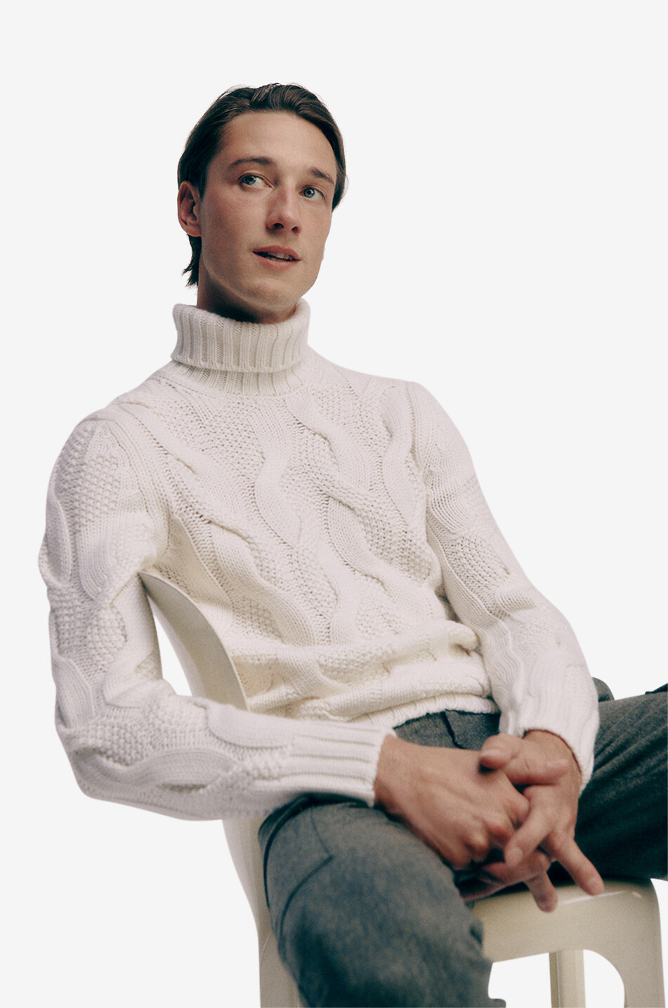GRAN SASSO Dicker Kaschmir-Zopfstrickpullover mit Rollkragen Herren CREMEFARBEN 3