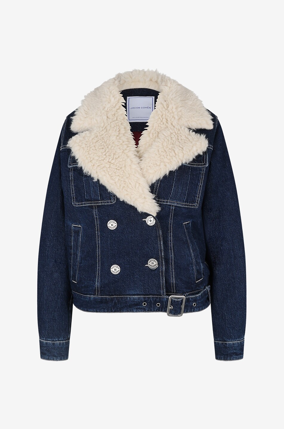 Short denim and faux shearling pea coat