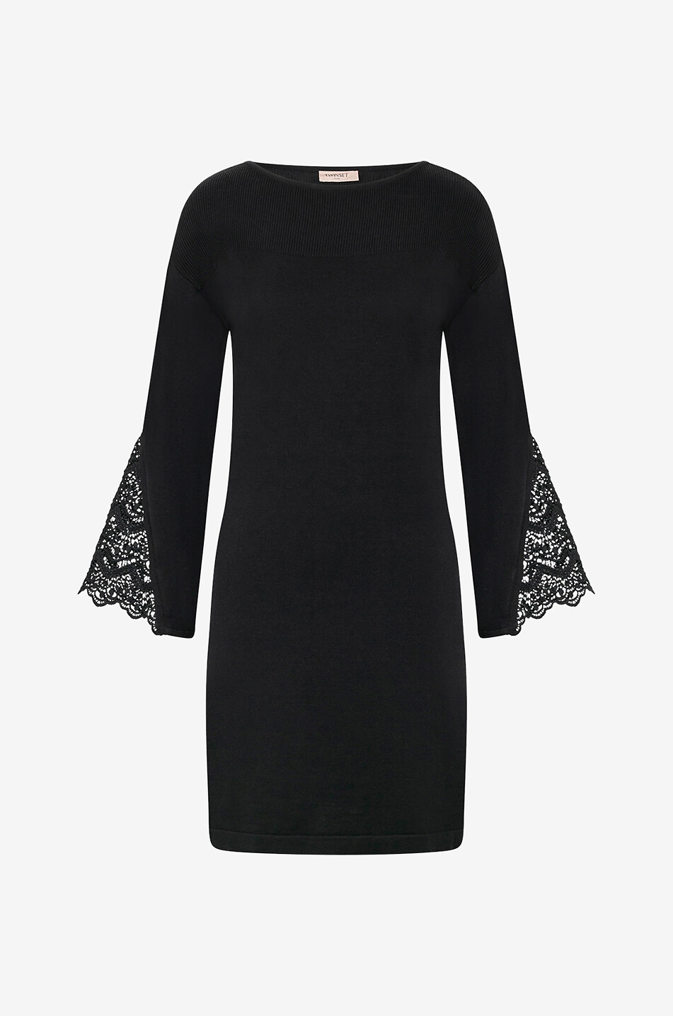Mini robe en maille à manches évasées embellies de dentelle
