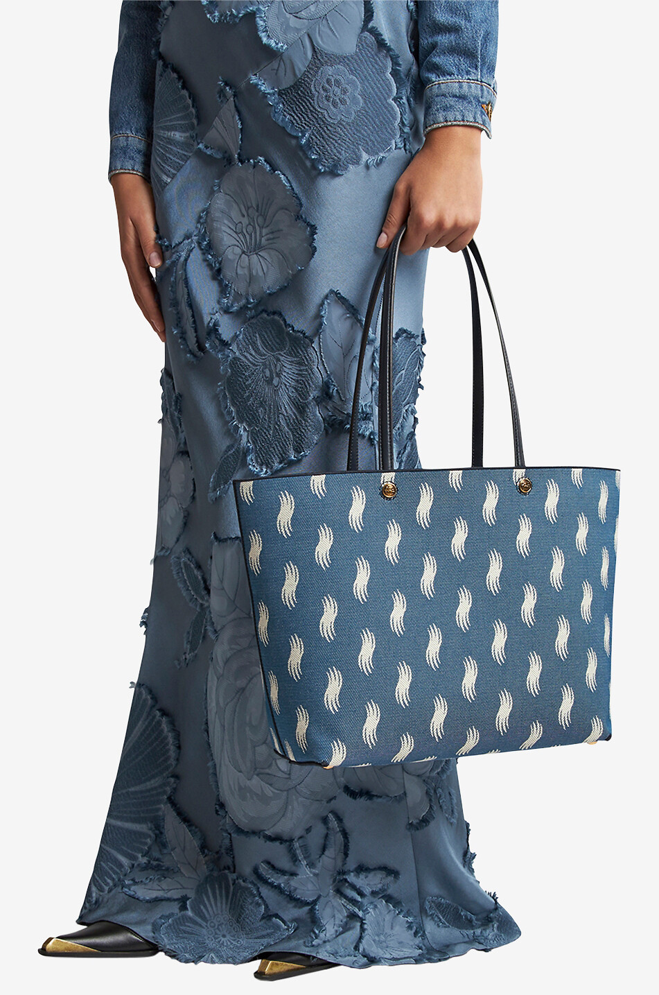 Shopper aus Jacquard und Leder Large