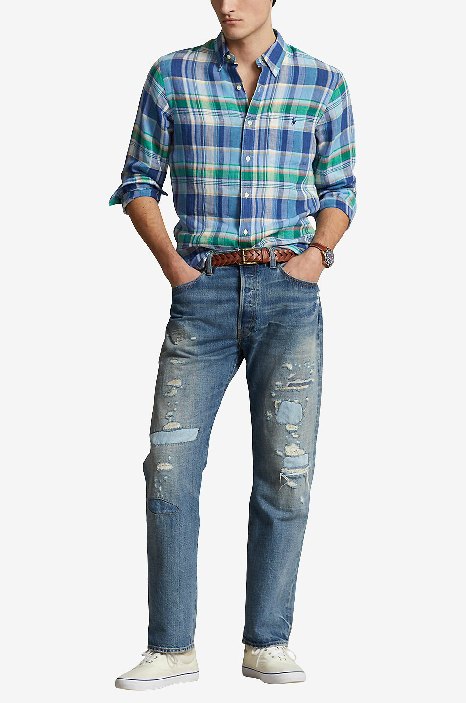 POLO RALPH LAUREN Chemise en lin à carreaux Madras Pony Homme BLEU MOYEN 4
