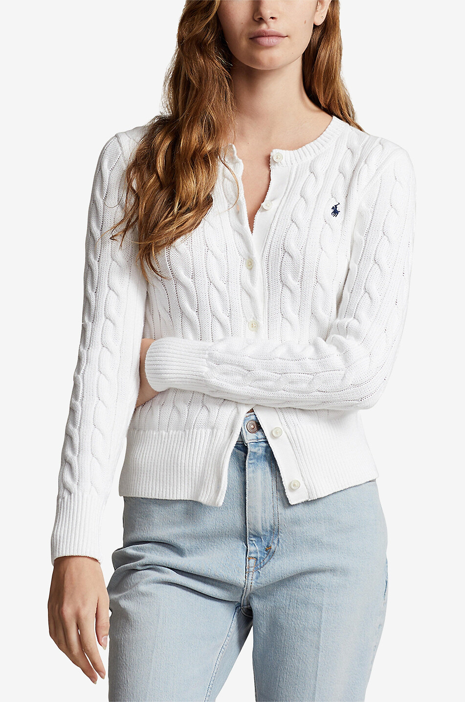 POLO RALPH LAUREN Cardigan torsadé à col rond en coton Pony Femme BLANC 2