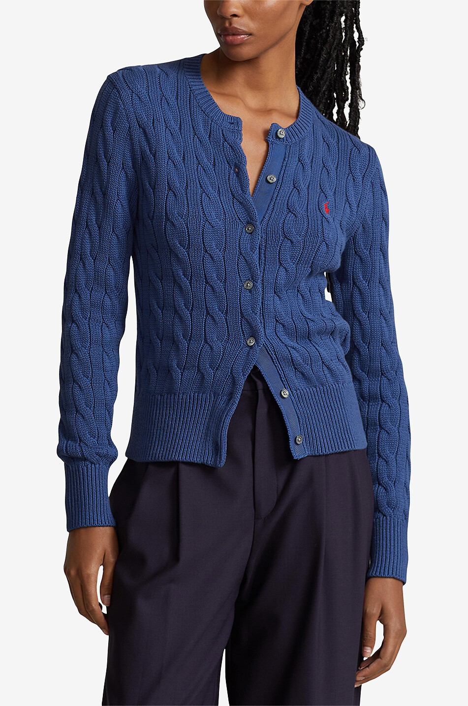 POLO RALPH LAUREN Pony cotton cable-knit round-neck cardigan Women DARK BLUE 2