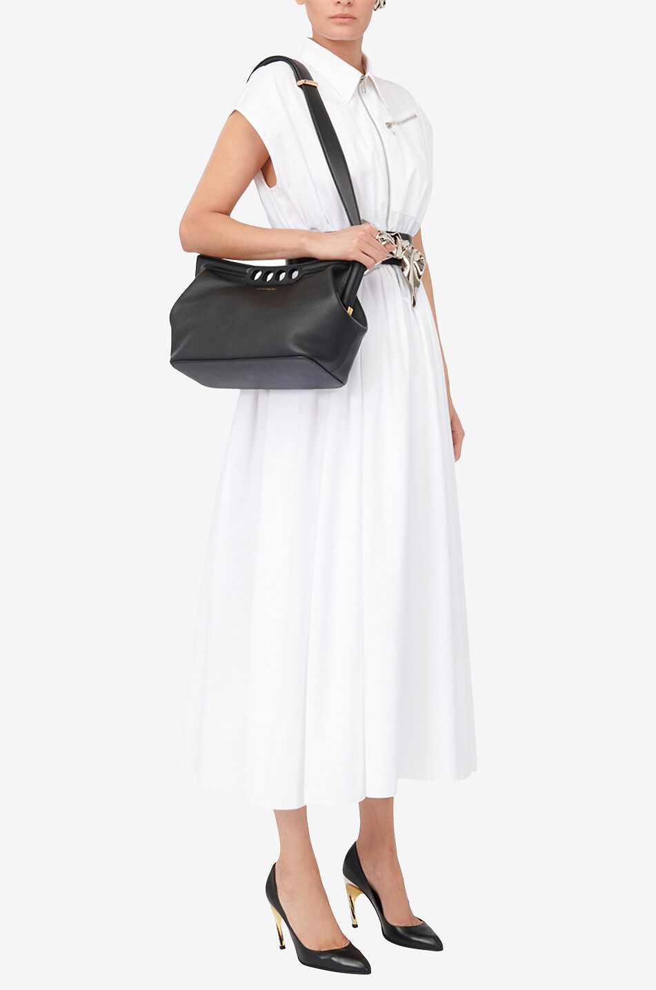 ALEXANDER McQUEEN Robe zippée midi en popeline Dropped Shoulder Femme BLANC 7