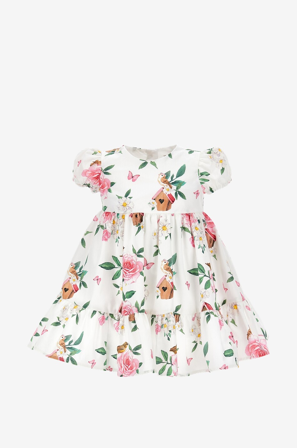 MONNALISA Romantic Garden Bird Houses poplin baby dress Baby MULTI COLOURED 1