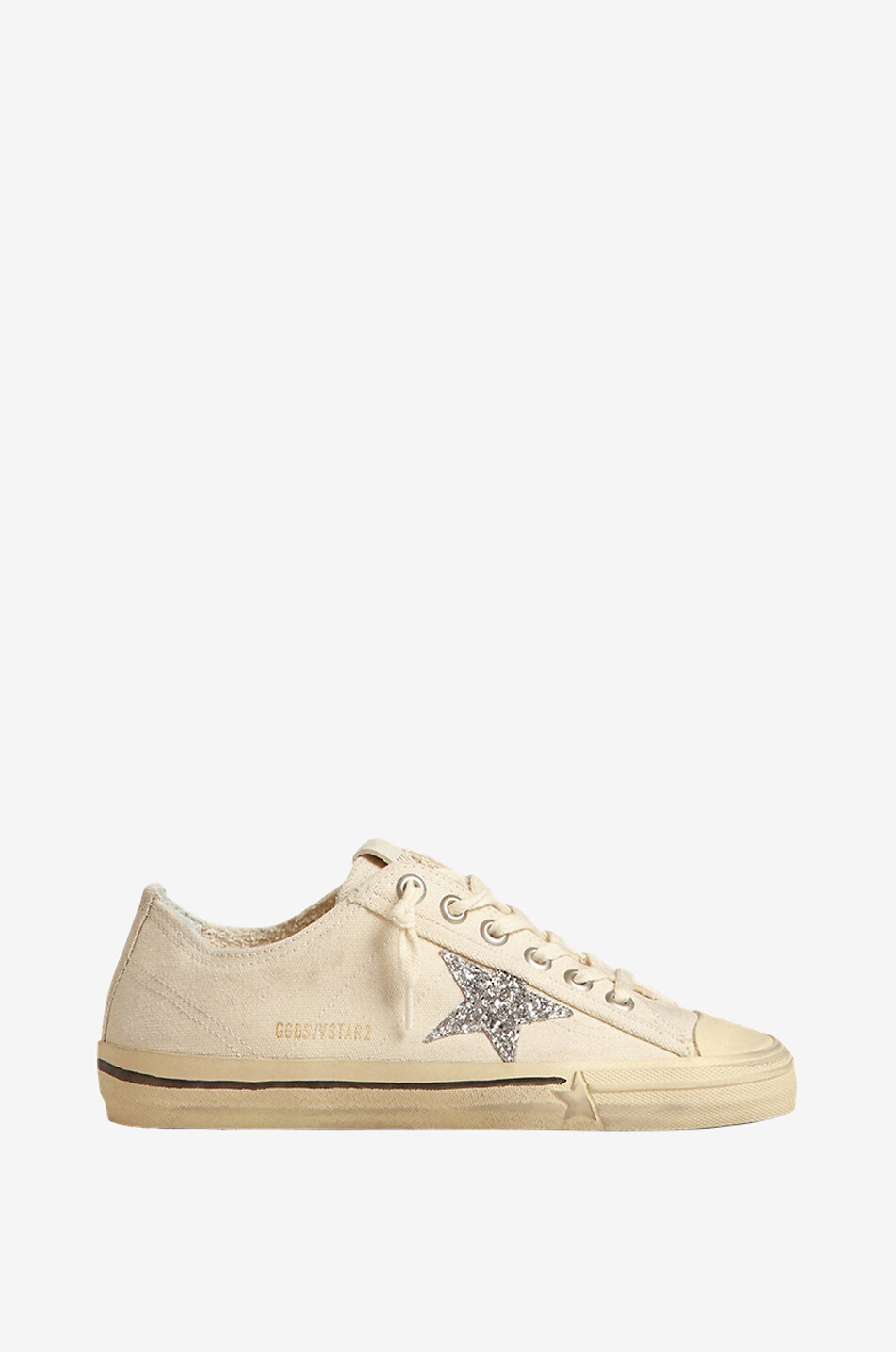 GOLDEN GOOSE Baskets basses en toile et paillettes V-Star Femme Beige clair 1