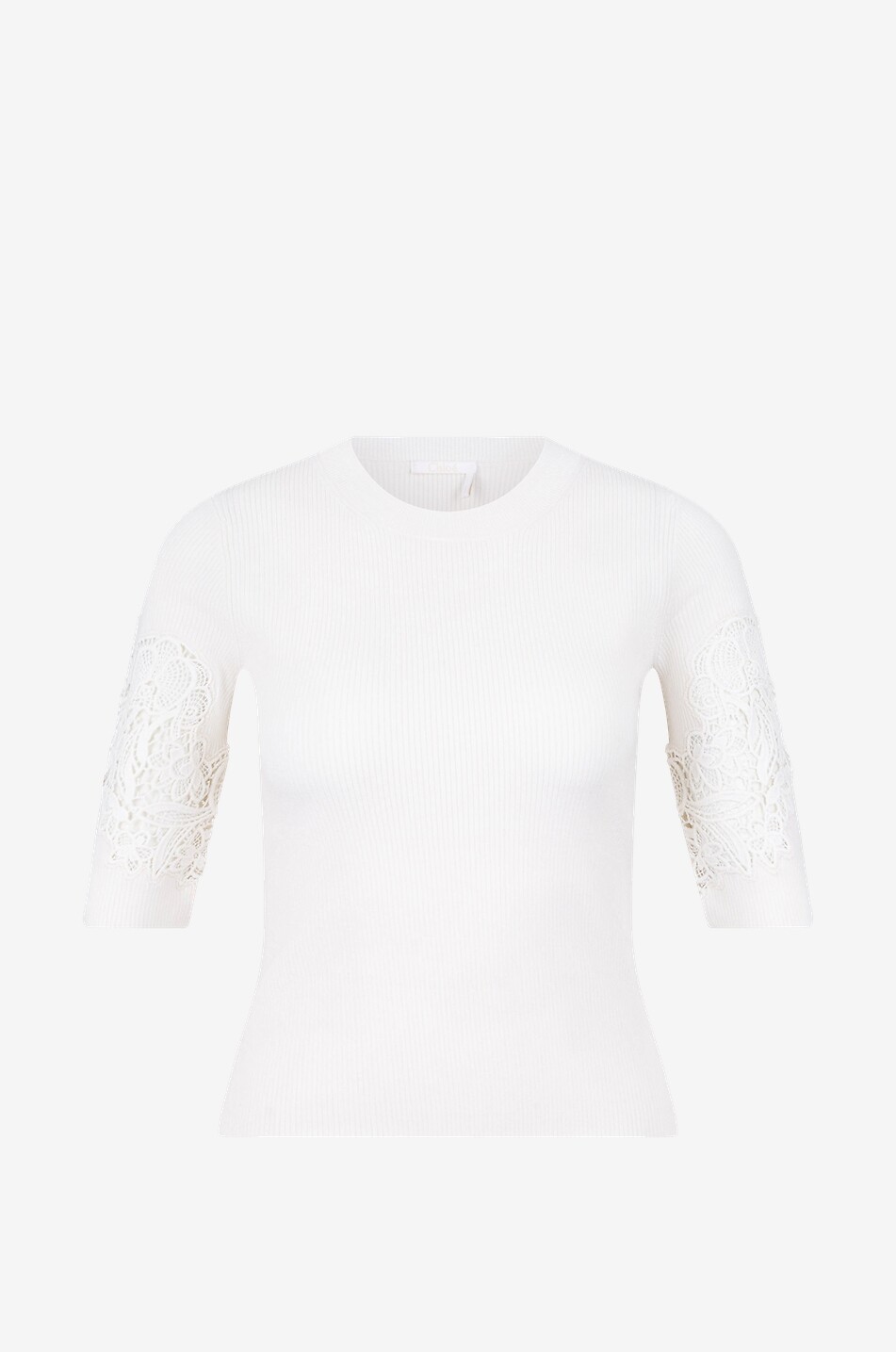 Rippstrick-Schlauchpullover mit Dreiviertelärmeln und Spitze