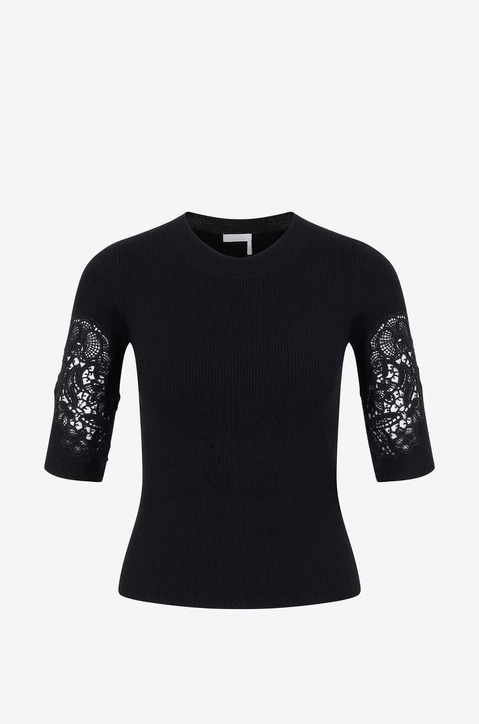 CHLOE Pull chaussette en maille côtelée et dentelle à manches trois-quarts Femme NOIR 1