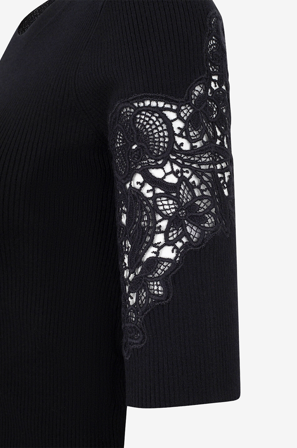 CHLOE Rippstrick-Schlauchpullover mit Dreiviertelärmeln und Spitze Damen SCHWARZ 3