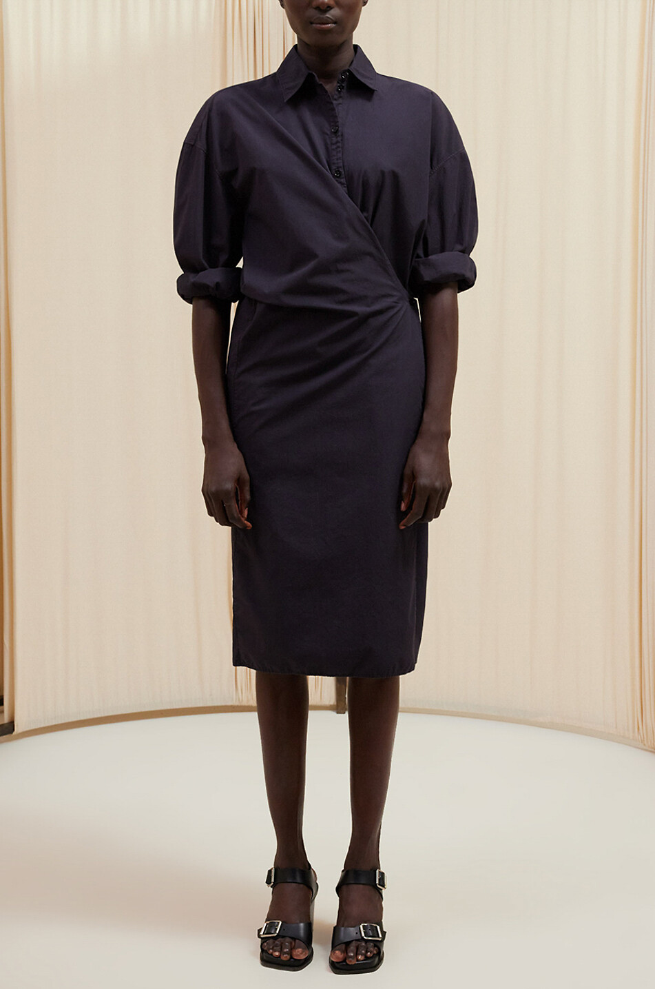 LEMAIRE Robe chemise midi en coton Straight Collar Twisted Femme BLEU FONCE 3