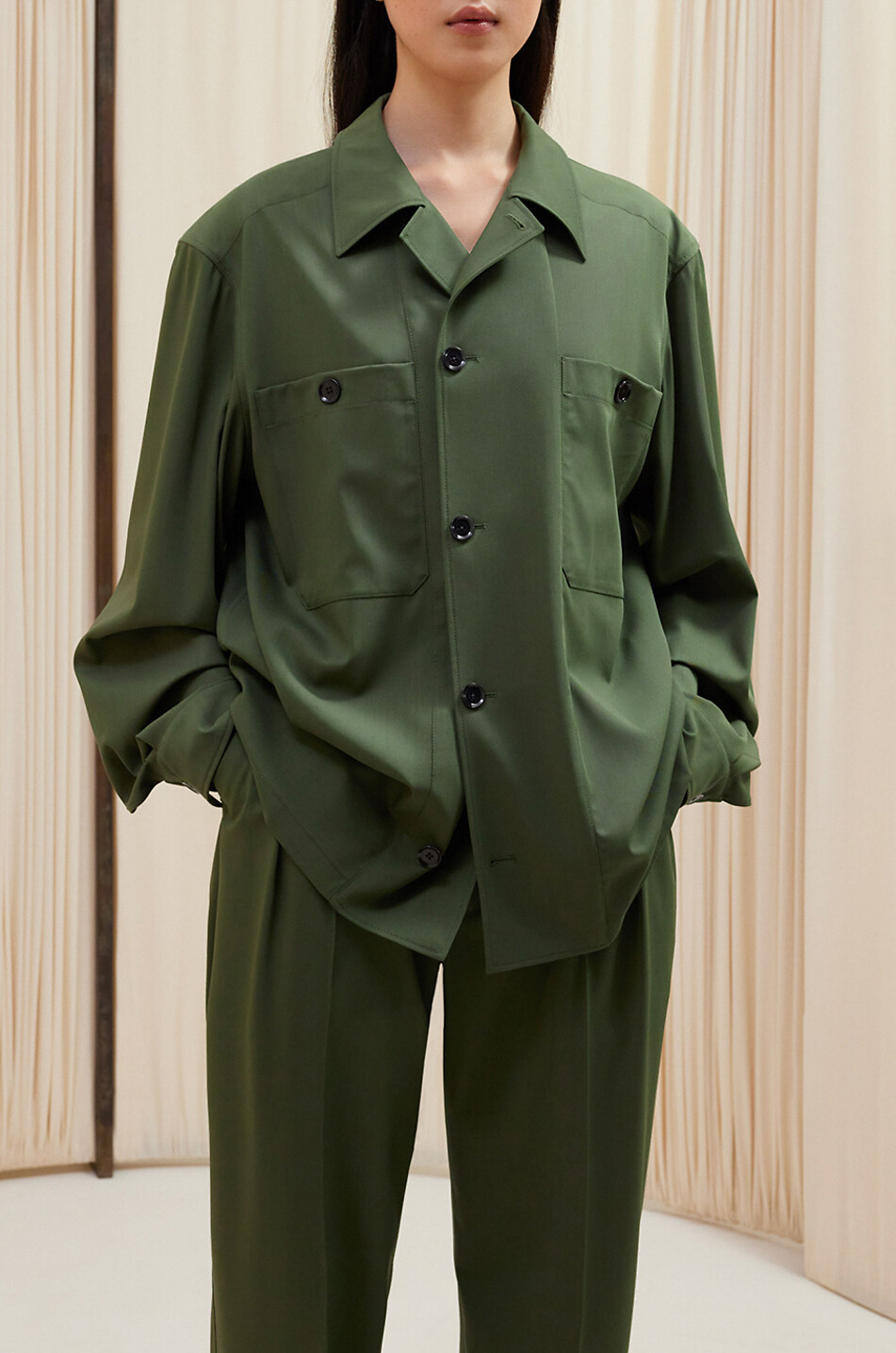 LEMAIRE Soft Military fluid wool loose overshirt Women GREEN 3