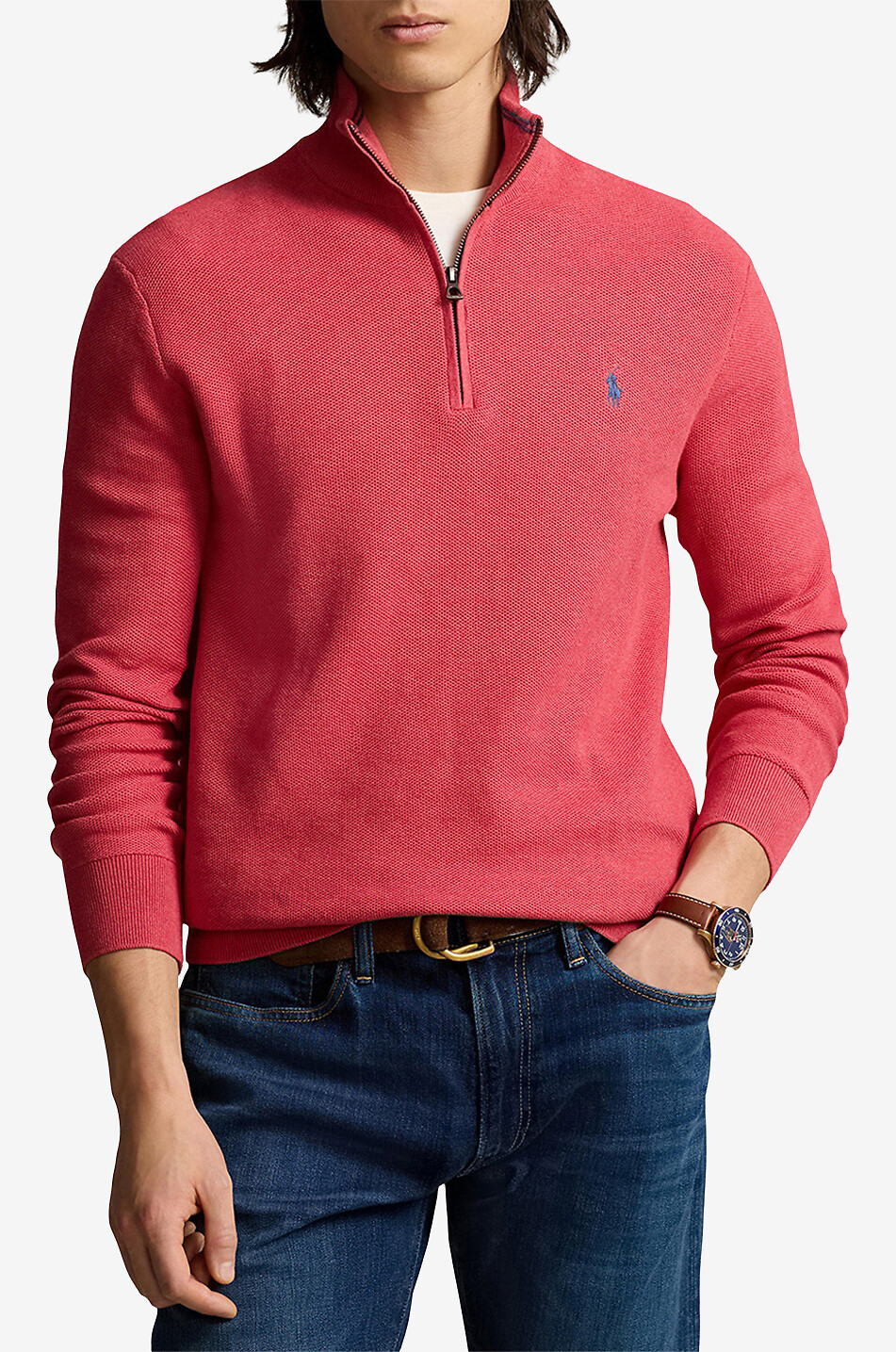 POLO RALPH LAUREN Pull en maille piquée à col montant zippé Pony Homme ROUGE CLAIR 2