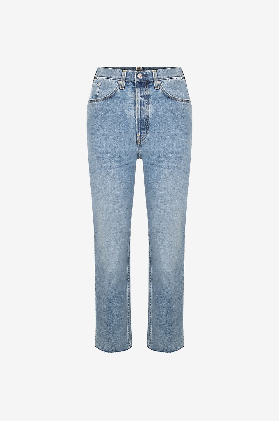 Verkürzte ausgefranste gerade Bio-Baumwoll-Jeans Classic Cut Worn Blue