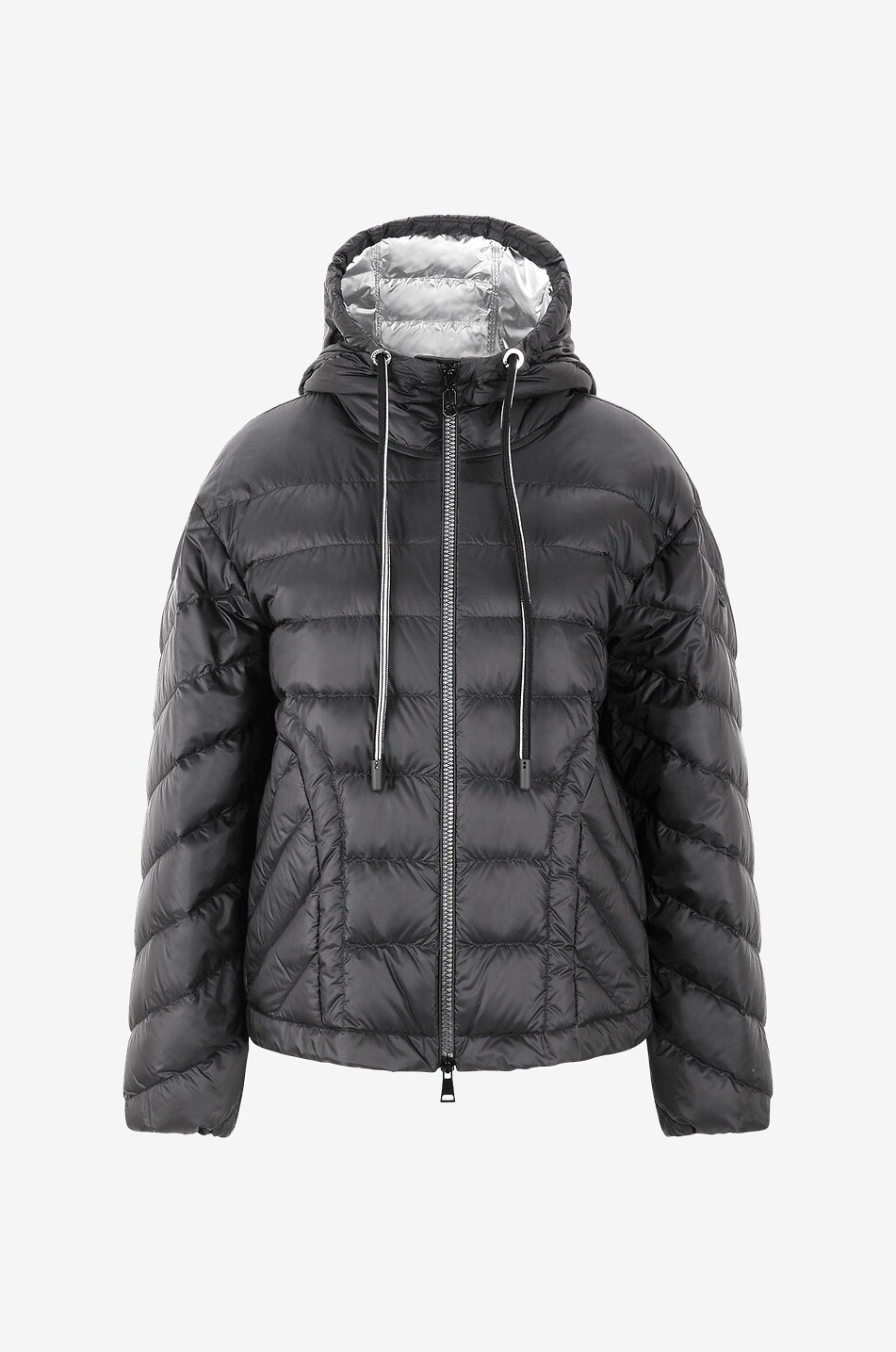 Kurze leichte Daunenjacke mit Kapuze und silbernem Ripstopfutter Delfo