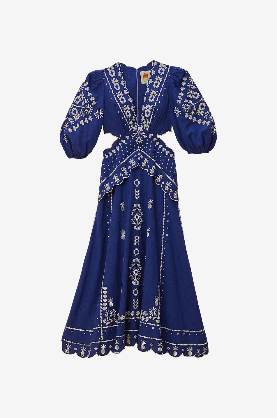 Navy Blue Embroidered linen blend midi dress with cut-outs