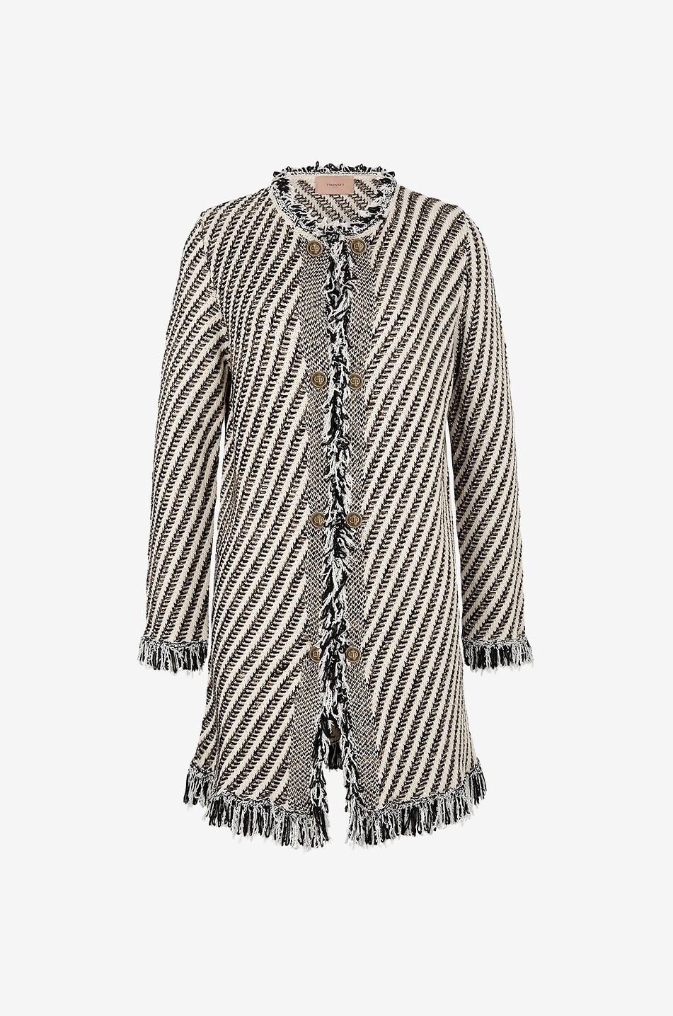 Three-quarter-length diagonal stripe cotton and viscose coat