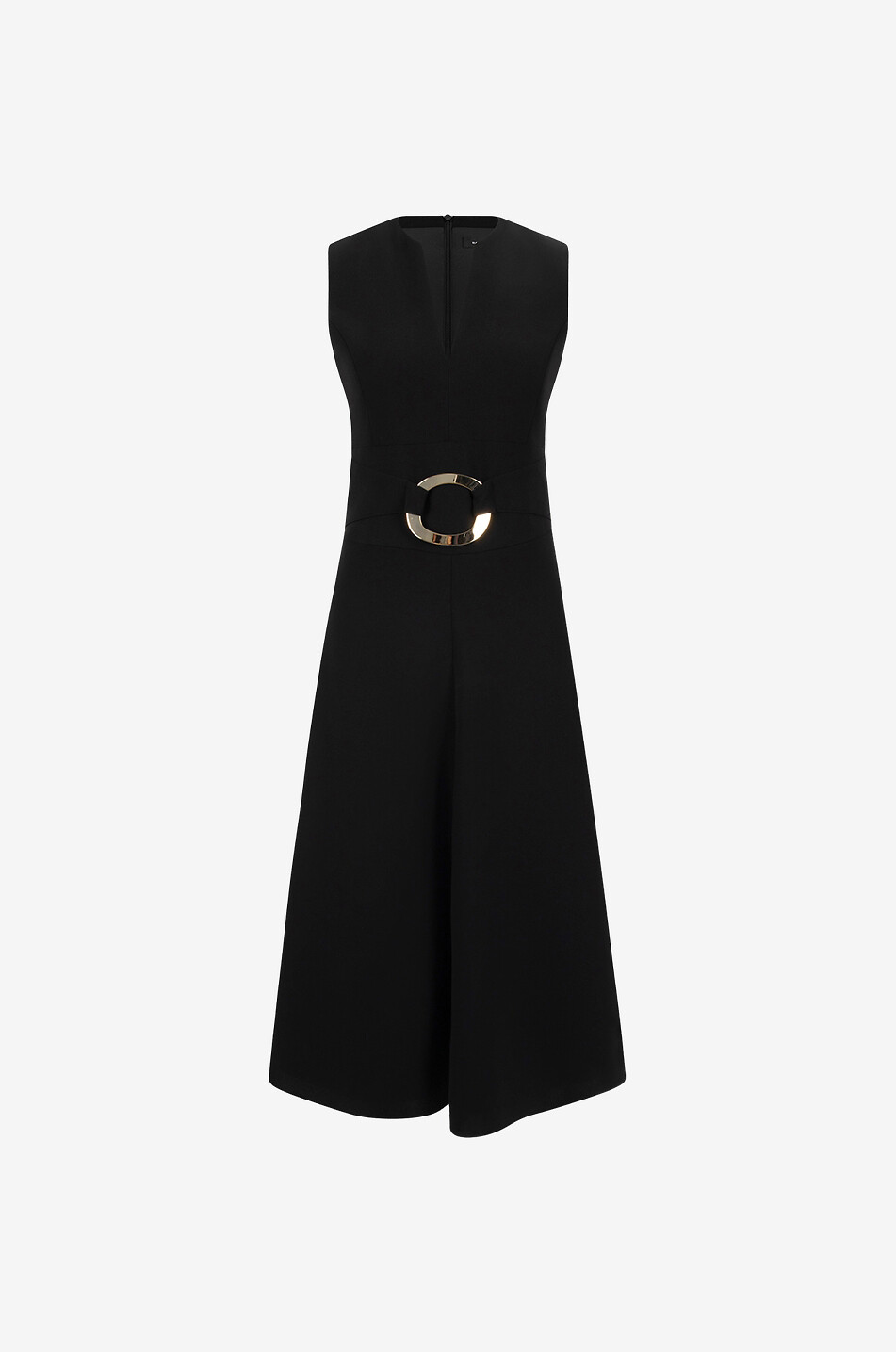 Sleeveless crepe midi dress with decorative buckle