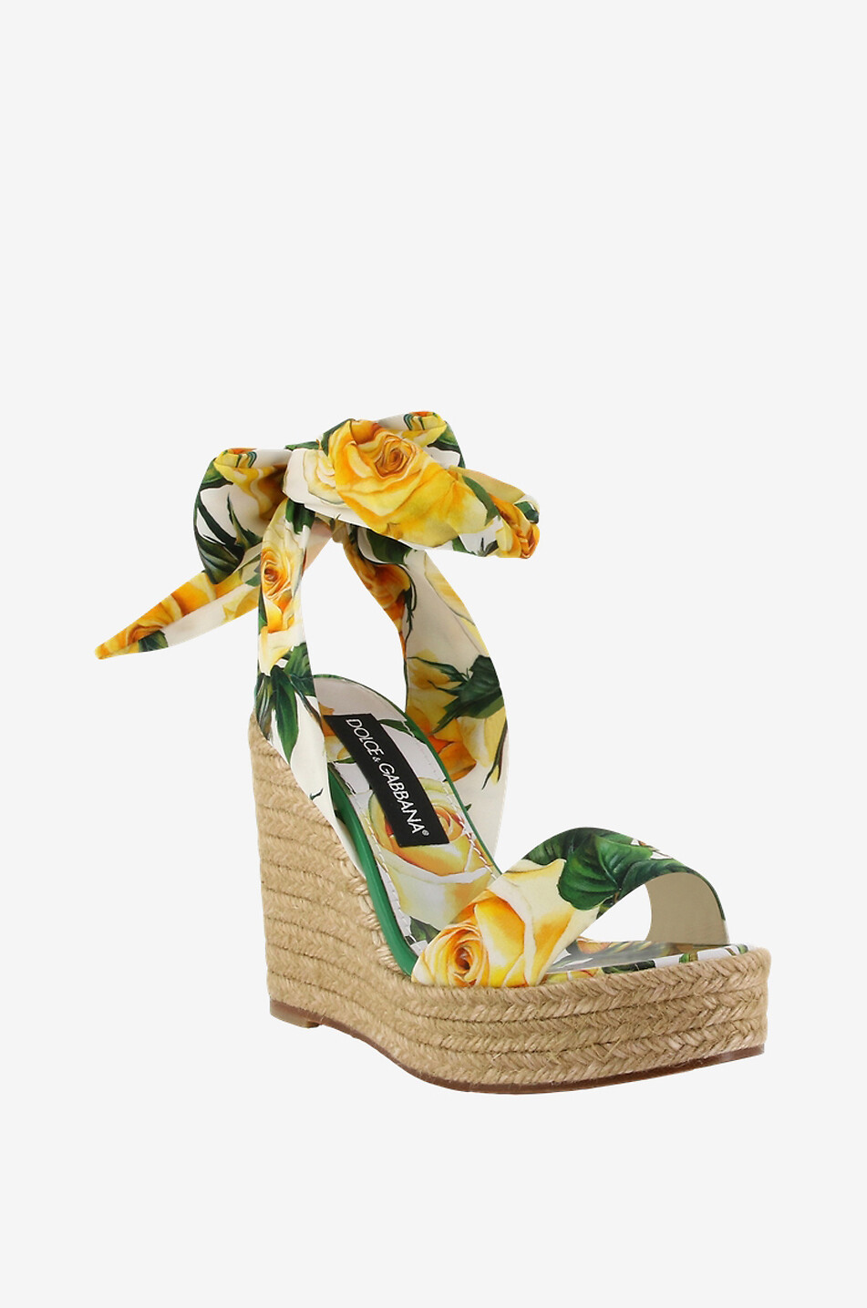 Espadrilles compensées en charmeuse imprimée roses jaunes Lolita 90
