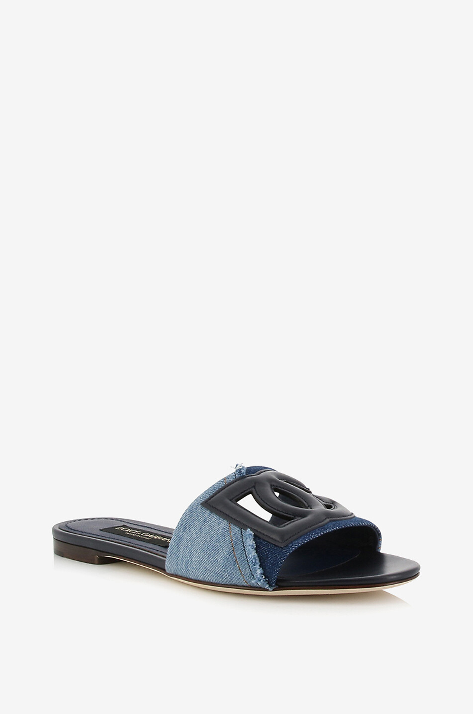 Bianca flat leather and denim slides