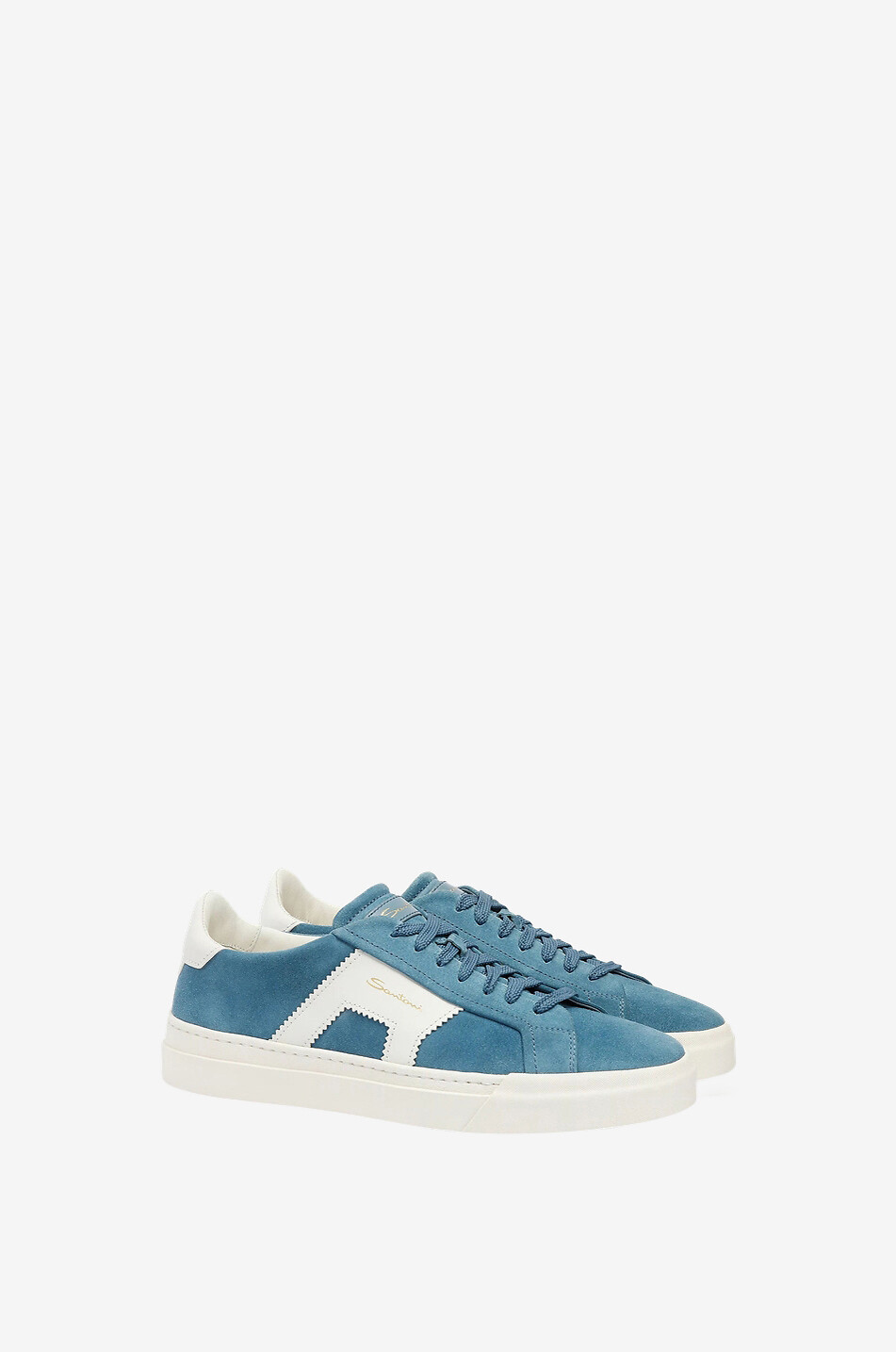 SANTONI Double Buckle low-top lace-up suede and leather sneakers Men LIGHT BLUE 2