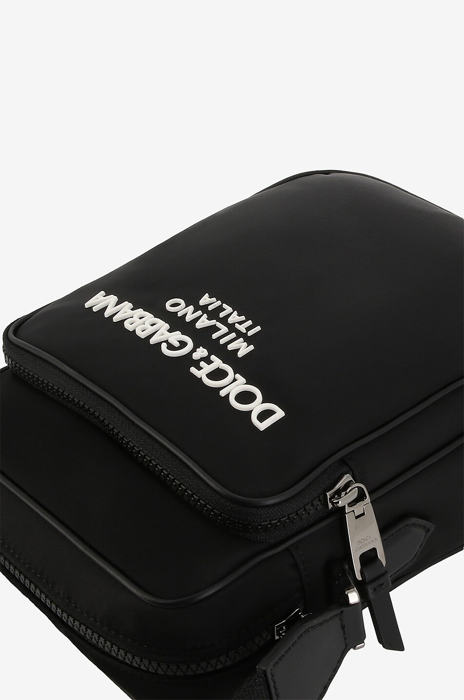 Rubber logo adorned nylon and leather cross body bag