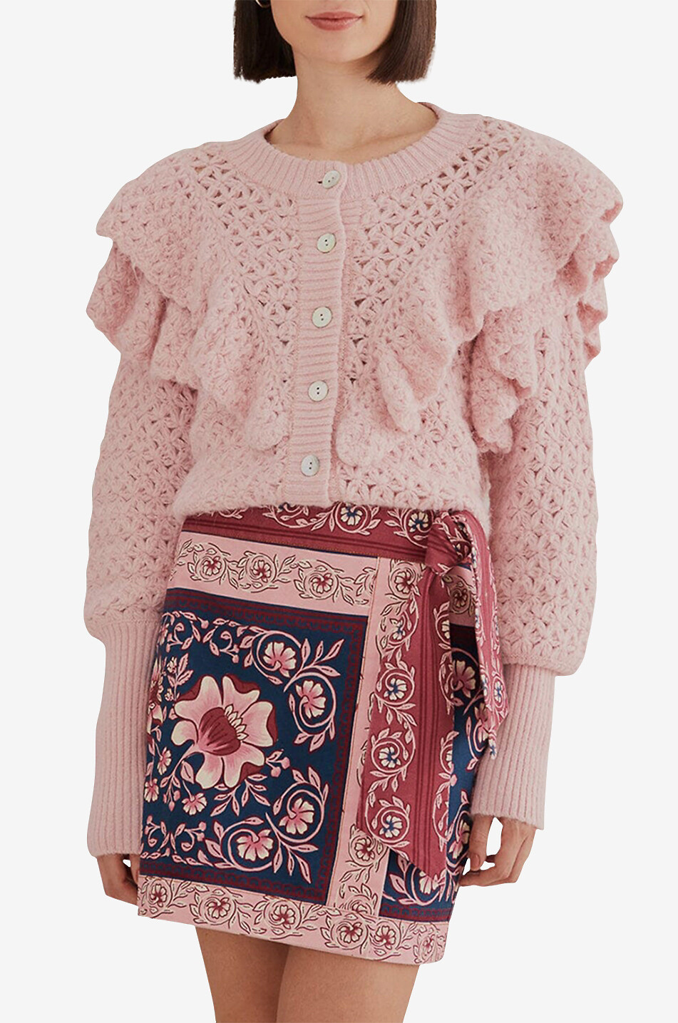 FARM RIO Flower Texture ruffled openwork knit cardigan Women LIGHT PINK 2
