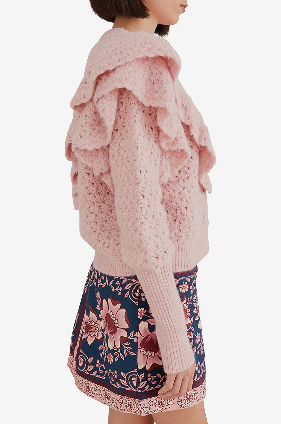 FARM RIO Flower Texture ruffled openwork knit cardigan Women LIGHT PINK 3