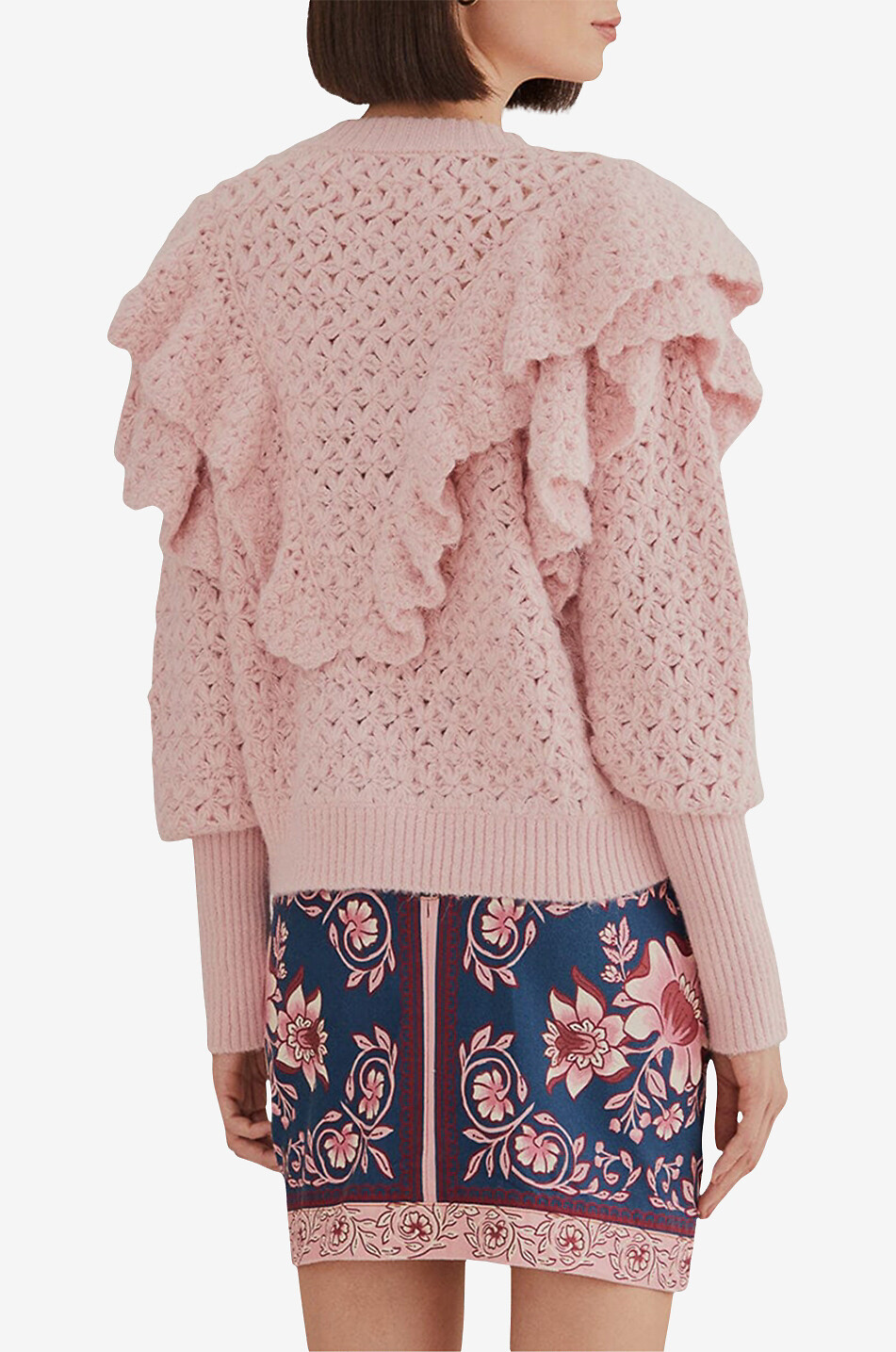 FARM RIO Flower Texture ruffled openwork knit cardigan Women LIGHT PINK 4