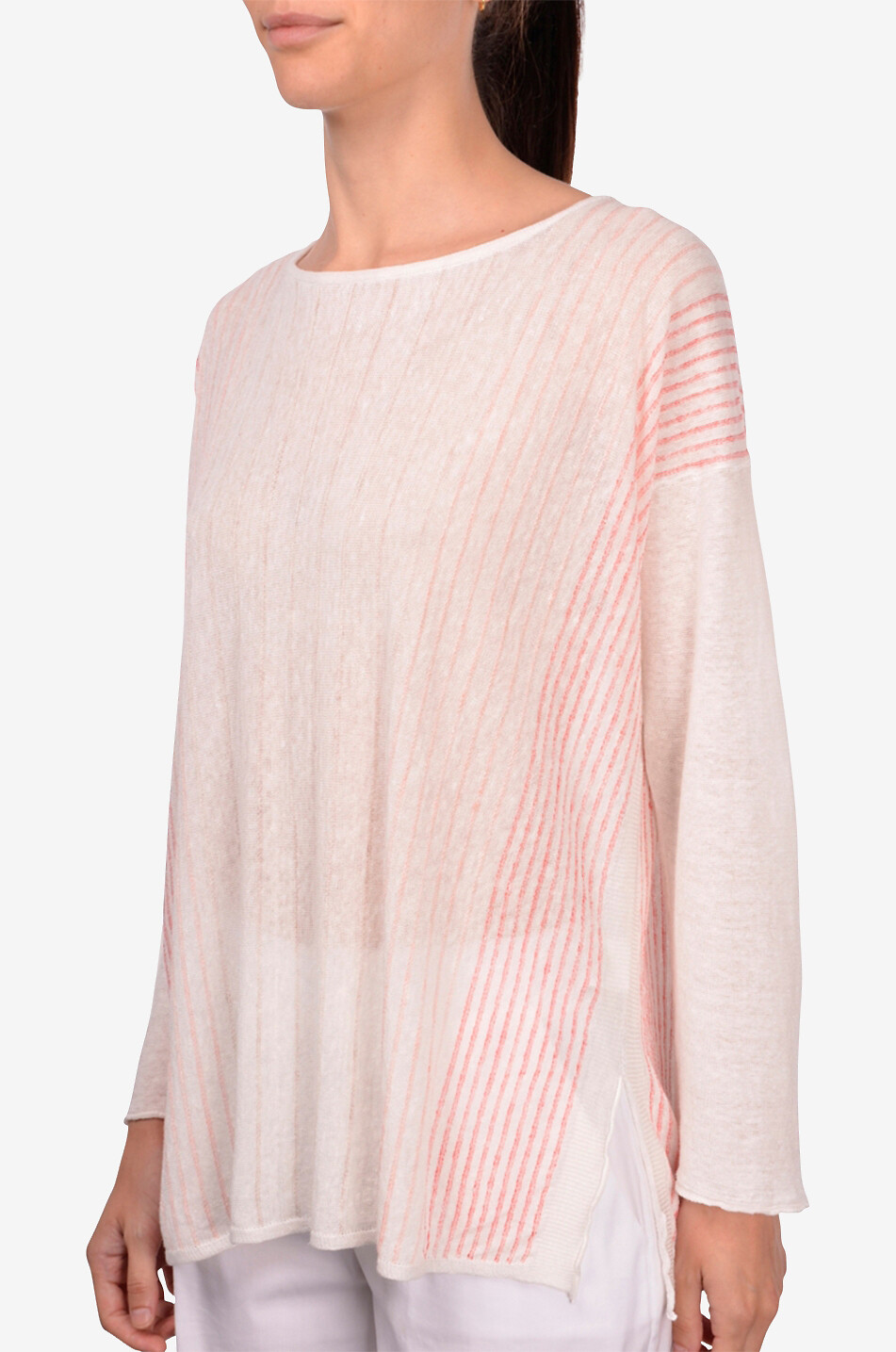 Striped cotton and linen round-neck jumper