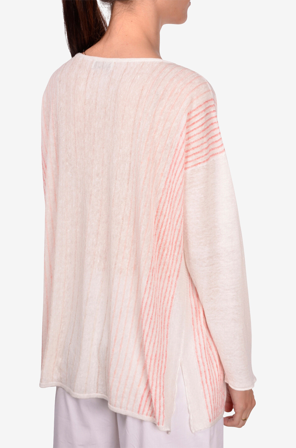 Striped cotton and linen round-neck jumper