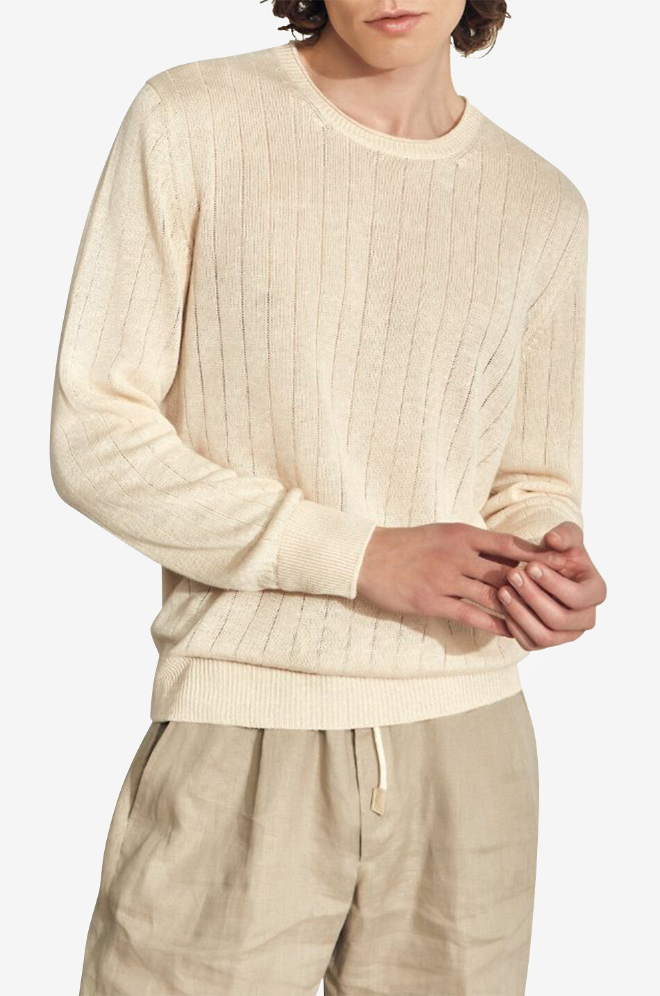 Pull à col rond en lin et coton ajouré