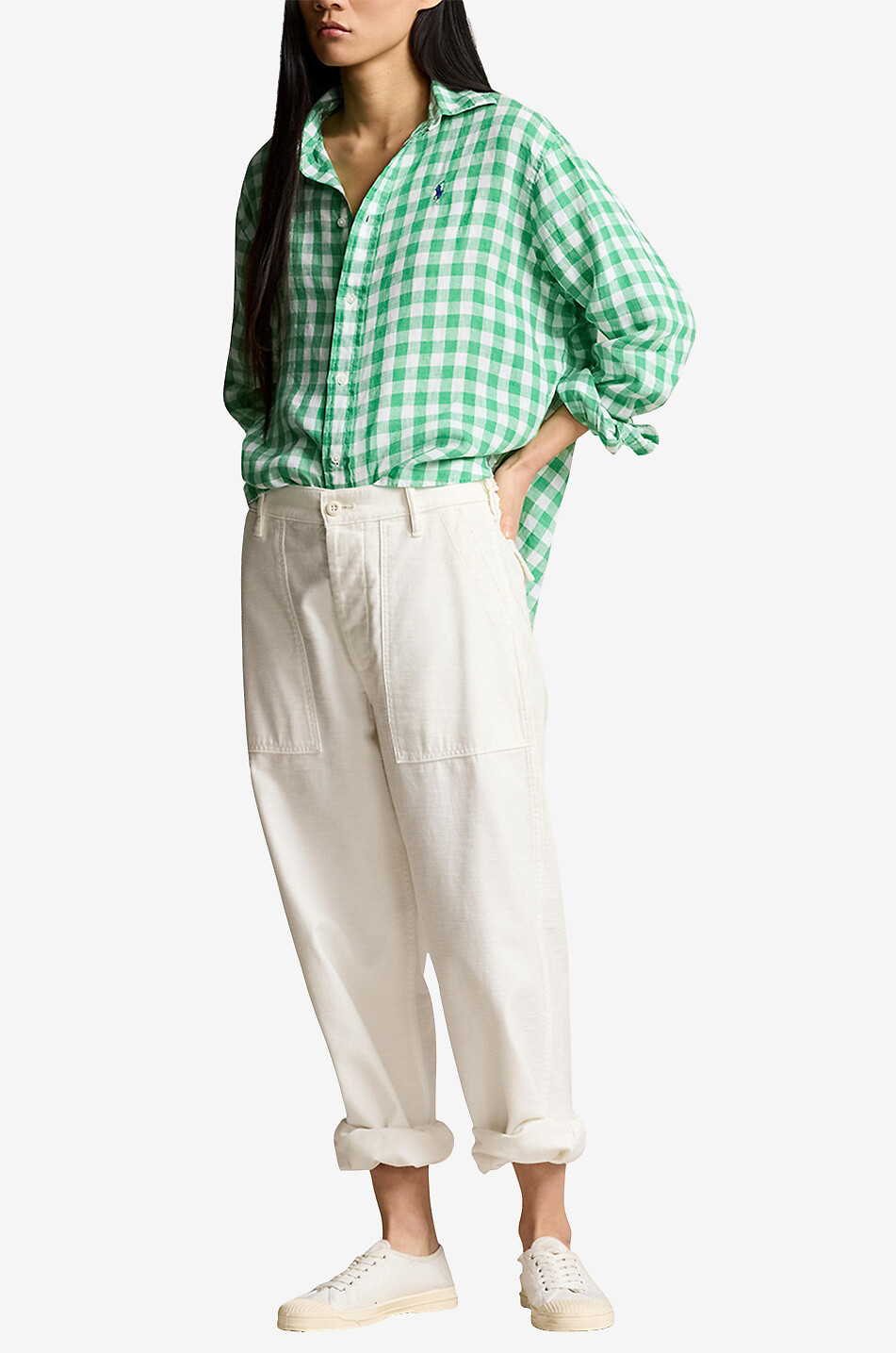 POLO RALPH LAUREN Pony relaxed linen gingham check shirt Women GREEN 4