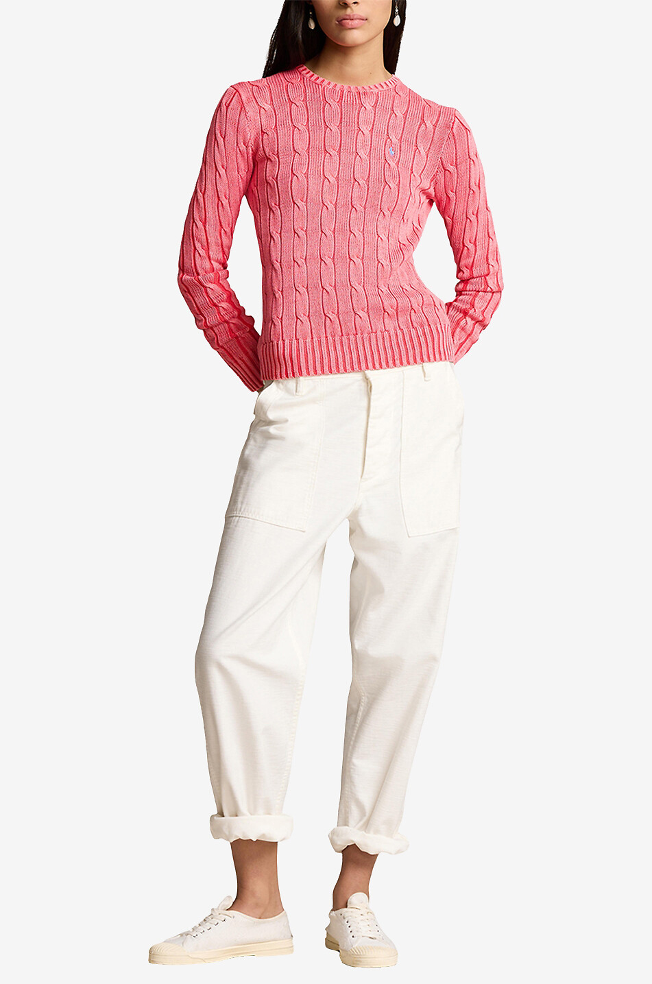POLO RALPH LAUREN Schmaler ausgewaschen wirkender Baumwoll-Zopfpullover Pony Damen ROT 4
