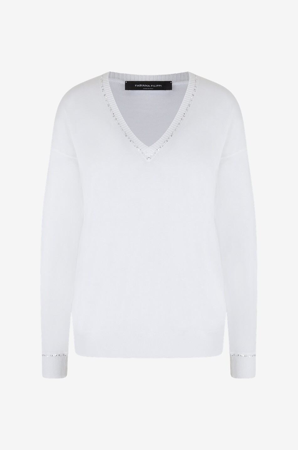 Baumwollpullover mit V-Ausschnitt und Pailletten