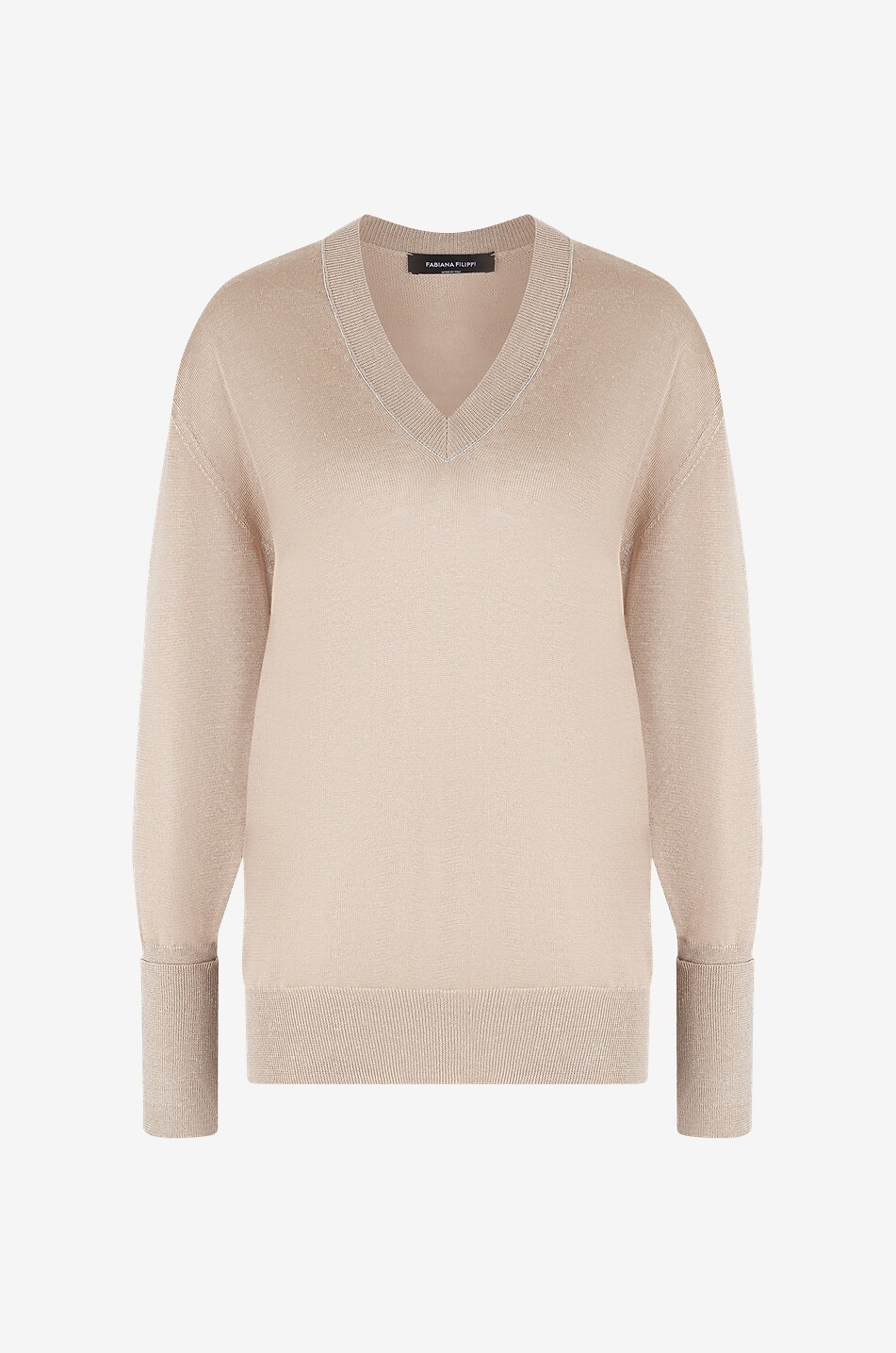 Leinen- und Seidenpullover mit V-Ausschnitt und Perlen