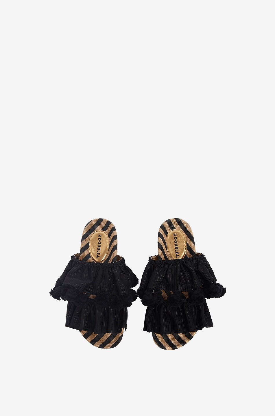 Pimento ruffle and tassel adorned slides