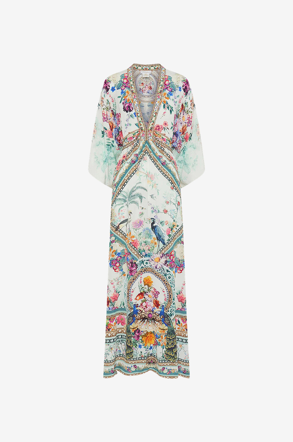 Langer Seidenkaftan Plumes and Parterres Waist-Tie